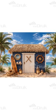 Tło fotograficzne „Nadmorska chatka z deską surfingową i latarniami” | 4076